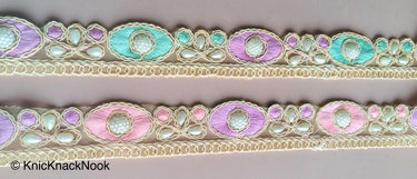 Gold Sheer Net Trim, Beige, Purple And Green / Pink Embroidery With FlatBack White Beads Embellishments